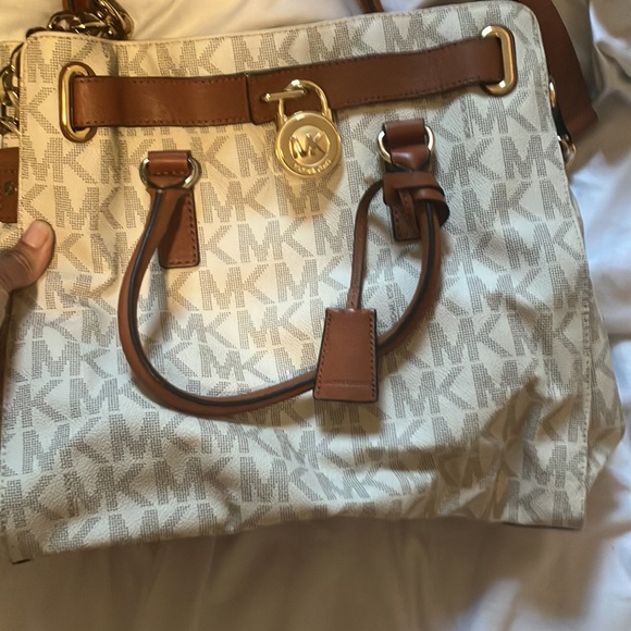 MK , monogrammed tan tote bag , gold details . Used great condition. - Picture 3 of 6